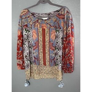 Women's By Anthropologie Multi Media Print Blouse Size M Boho Maximalist Hippy